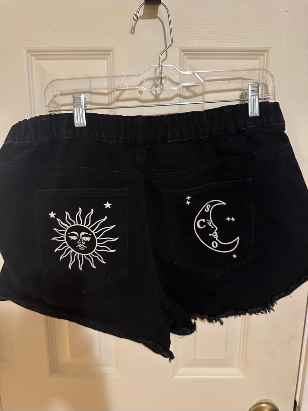 SHEIN Black Denim Shorts with White Sun & Moon Embroidery